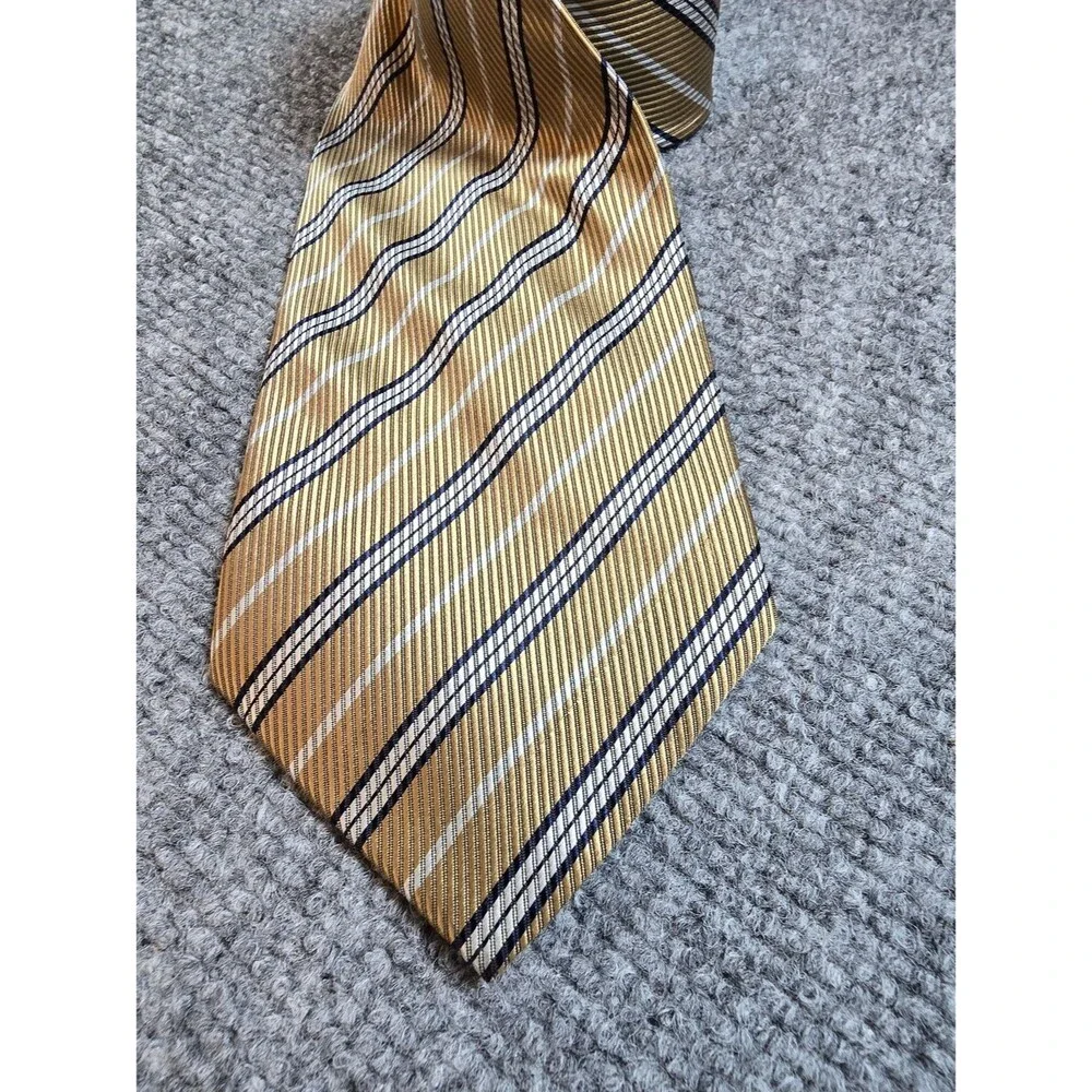 Hugo Boss Made in Italy Silk Tie Gold Black Striped Designer Necktie (Small Spot